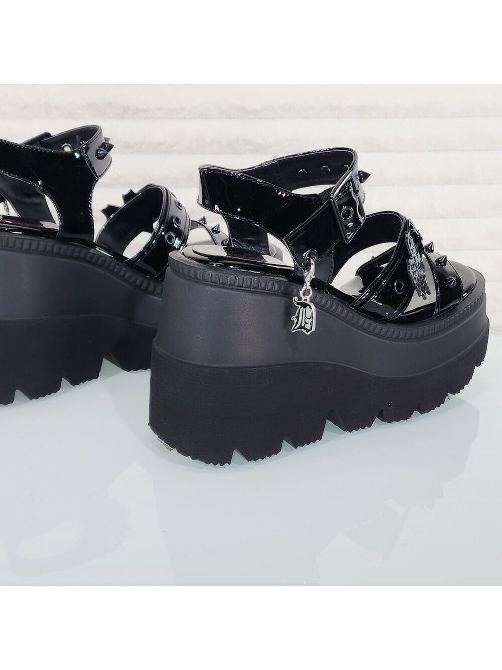 NIB Shaker 13 Black Out Patent 4.5" Wedge Heel Gothic Sandals Studs Charms - Picture 3 of 9